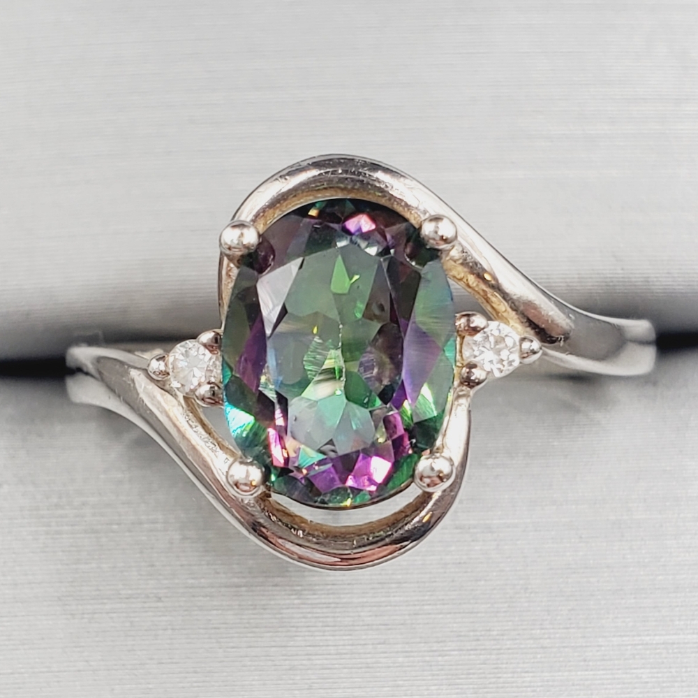 Genuine Oval Mystic Topaz & Round Diamond Simulants 925 Sterling Silver Ring